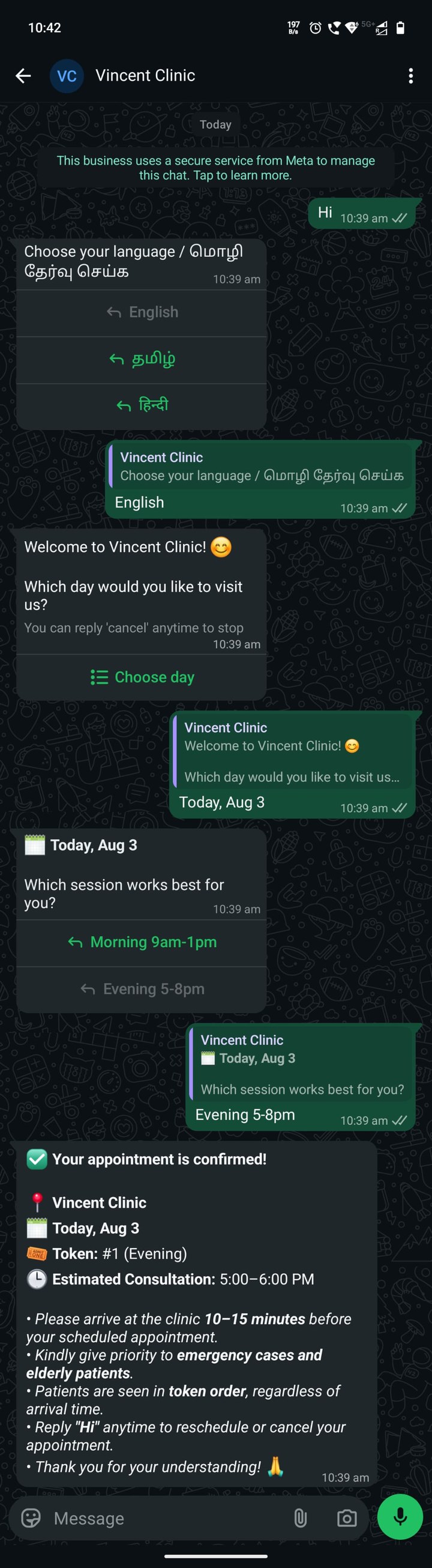 A patient booking on WhatsApp: pick language, choose the day and session, and get a confirmed token number with an estimated consultation time.