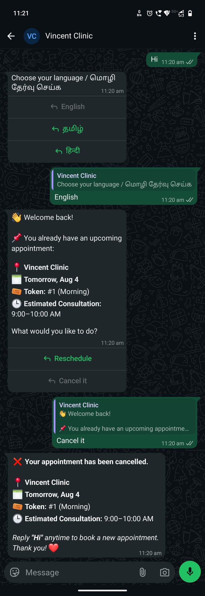 A patient cancelling: Bbrok shows the upcoming appointment and confirms the cancellation in one tap.
