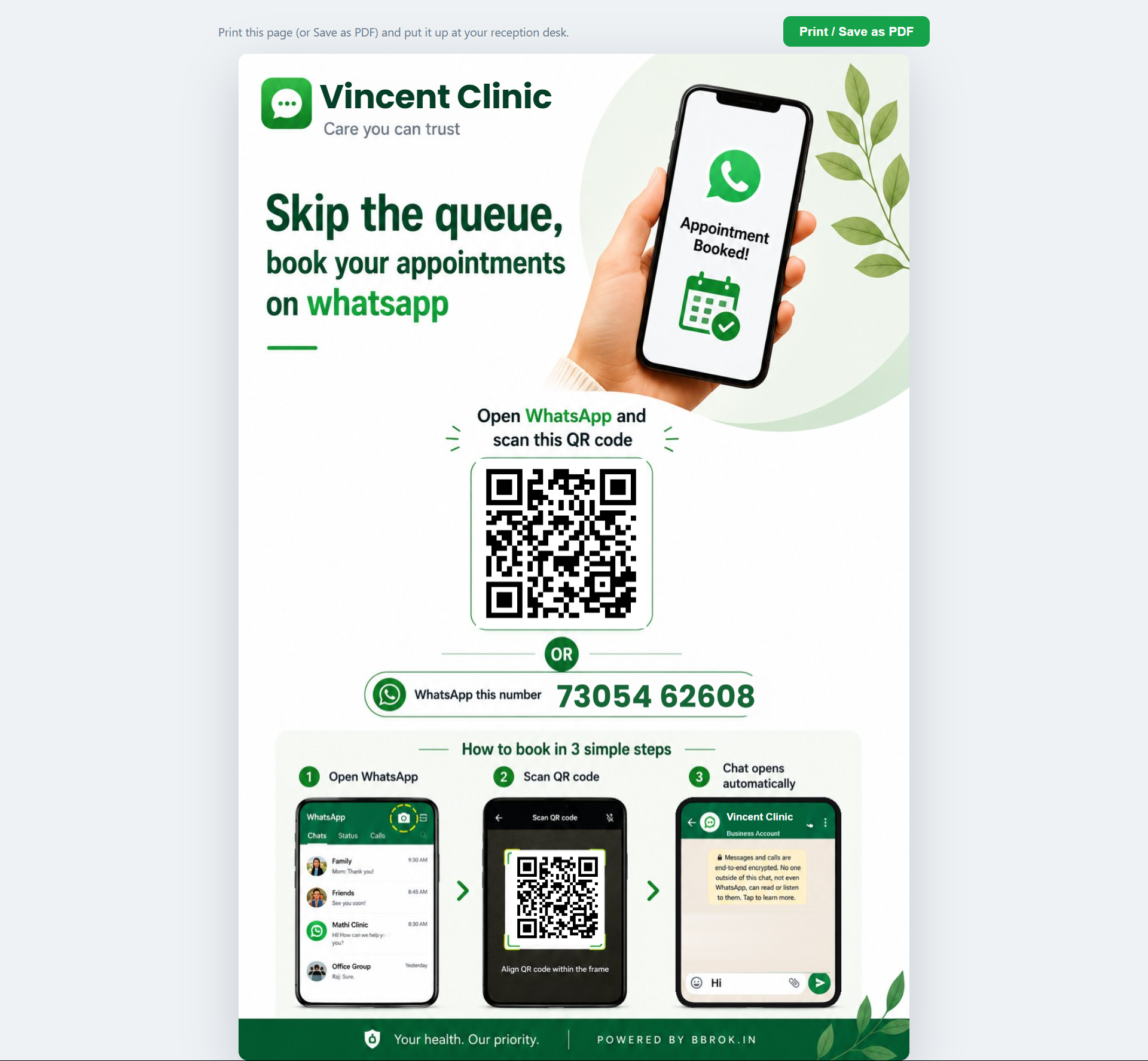 Bbrok — printable clinic banner with the clinic's name, WhatsApp QR code and booking number