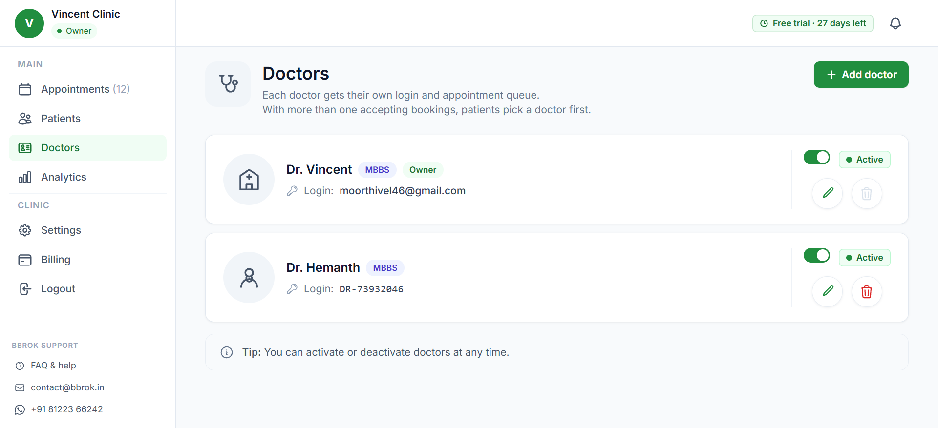 The Doctors page: each doctor with their name, speciality and login, an accepting-bookings toggle, and edit / reset / delete controls.