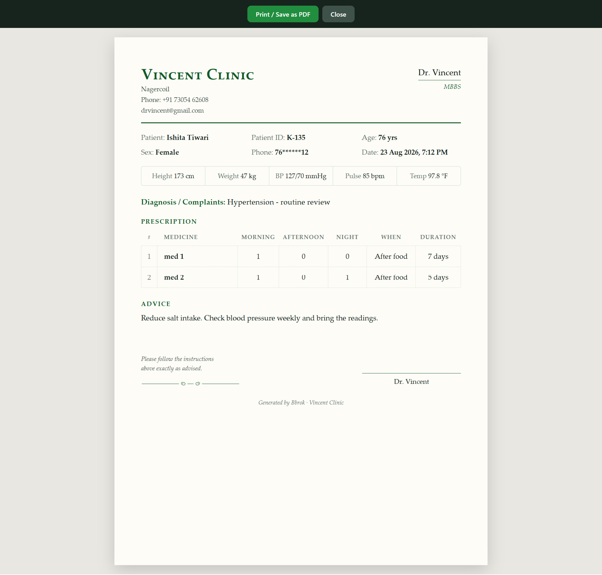 Bbrok dashboard — Prescription
